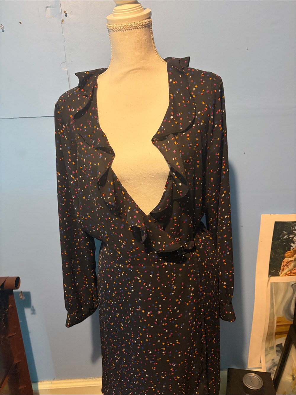 POPSUGAR Black Star Print Ruffle Wrap Dress